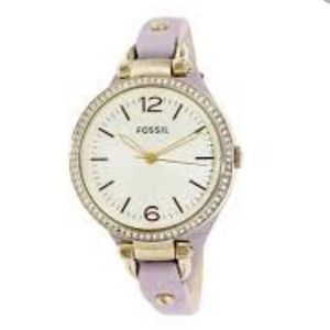 NWT Fossil Georgia Glitz Leather Gold Tone Slim Band Watch